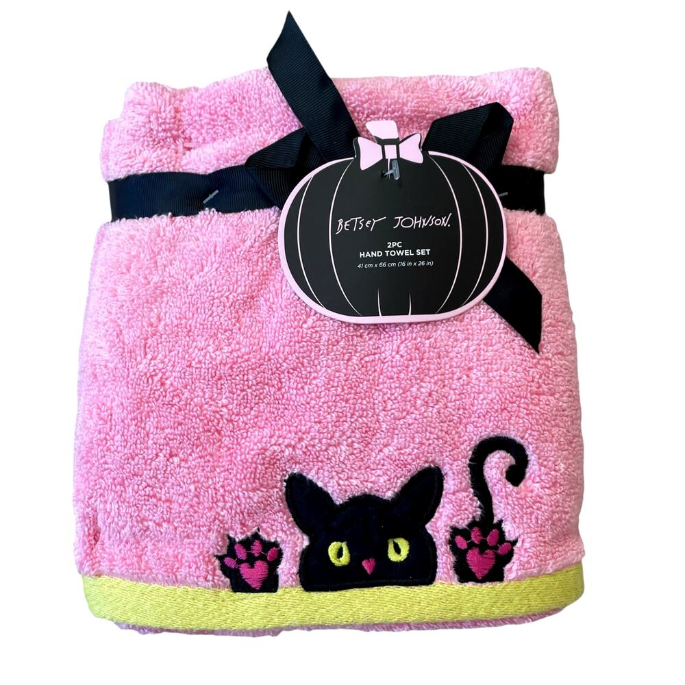 Betsey Johnson Pink Halloween Cat Hand Towels 16x26 Cotton Embroidered Set of 2